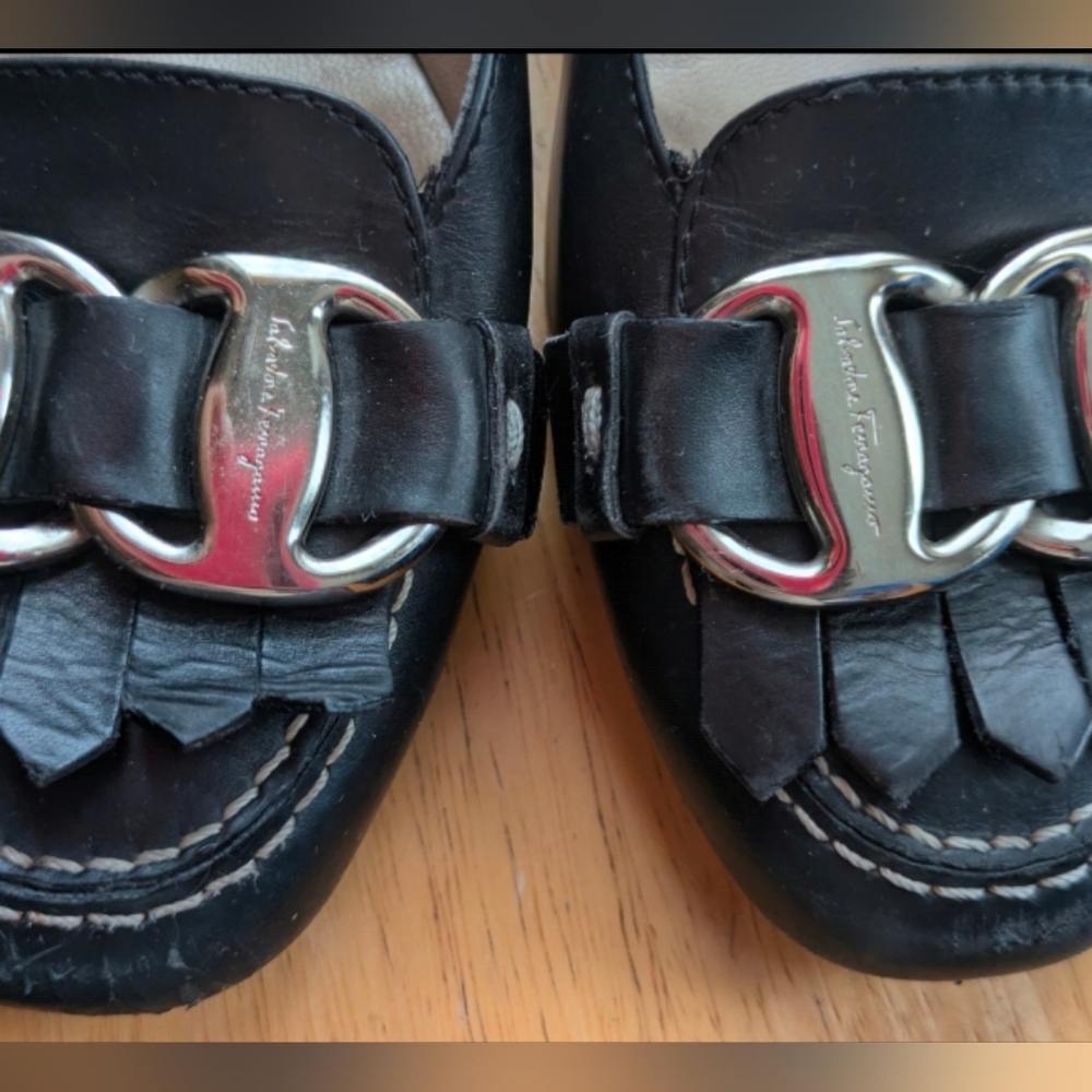 Salvatore Ferragamo Black Leather Loafer Heels with Logo Silver Buckles